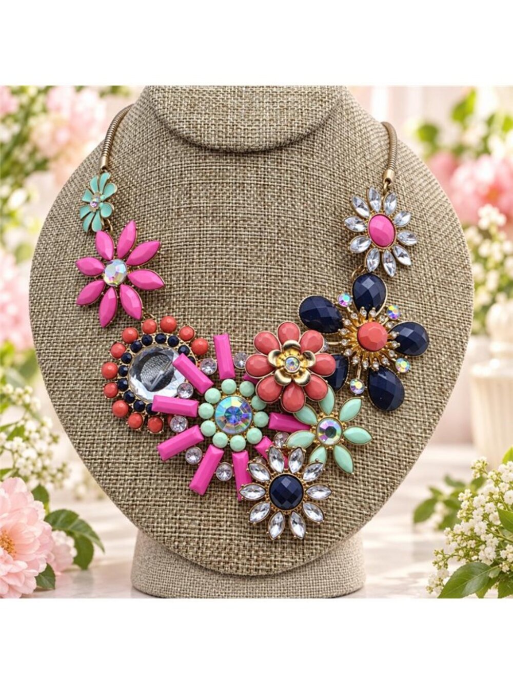 Multicolor Crystal Enamel Floral Bib Statement Necklace Erica Lyons 19 Inch